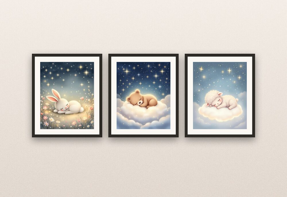 Three framed nursery prints hung as a gallery wall