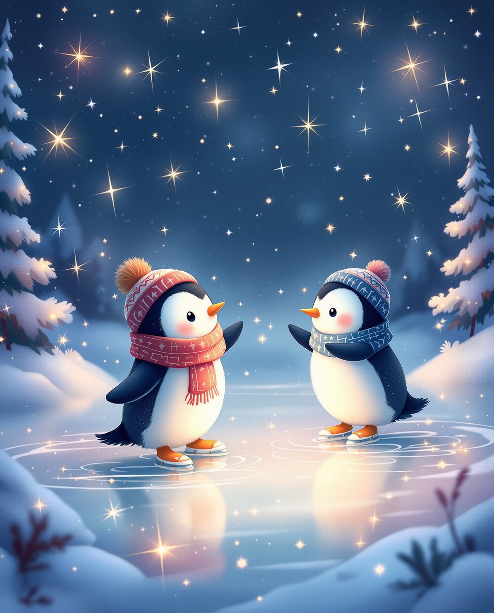 Skating Penguins · magical art print by Little Poppin